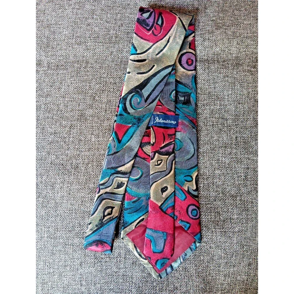 Italianissimo Tie 70s 80s 90s Y2K Mens Blue Gray Beige Red 4 Wide 57 Long
